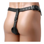 This adjustable leather harness has a metal cock ring in the front and a slim strap in the back, perfect for holding your favorite anal plug in place.